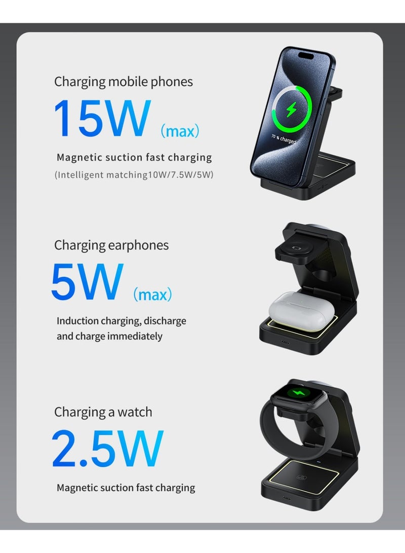 شاحن لاسلكي مغناطيسي قابل للطي 3 في 1، شاحن لساعة أبل، شاحن مغناطيسي لأجهزة آيفون، قاعدة شحن لأجهزة آيفون، شاحن قاعدة - شحن سريع، مناسب لأجهزة آيفون/ساعة أبل/إيربودز، إضاءة ليلية قابلة للتعديل، حامل محمول، مناسب للسفر، مناسب لأجهزة أبل/سامسونج/هواوي/شاومي وغيرها من الهواتف المحمولة/سماعات الأذن المزودة بخاصية الشحن المغناطيسي (فضي). - Image 3